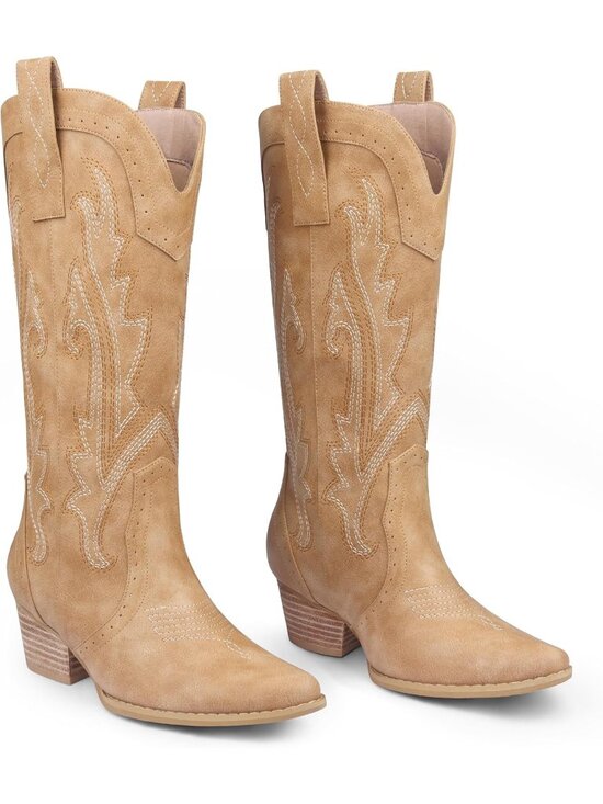 Shoes - Women's Tan Mid Calf Cowboy Boots Pointy Toe Boot Embroidered Western